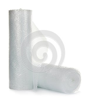 Transparent bubble wrap rolls on white background