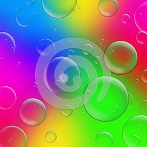 Transparent bubbles of varying sizes float over a vibrant gradient background. The