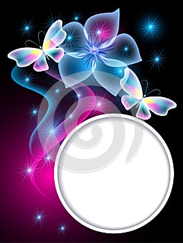 Transparent butterflies, flower and white frame