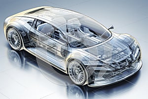 Transparent car design showcasing internal mechanics and structure on a reflective surface