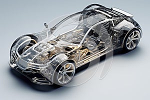 Transparent car design showcasing internal mechanics and structure on a reflective surface