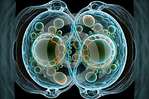 transparent cell with two nuclei in process of cell division