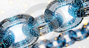 Transparent digital blockchain links with glowing blue binary code technology network