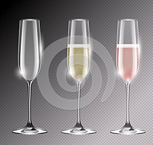 Transparent champagne glass flute vector illustration. Realistic set of glasses with sparkling white and rose wine and empty glass
