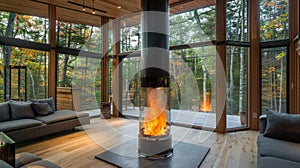 The transparent chimney of the fireplace provides an unobstructed view of the dancing flames creating a mesmerizing photo