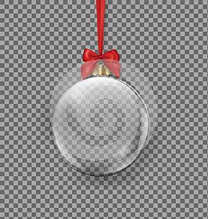 Transparent Christmas ball hanging on red ribbon on a dark background. Vector