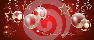 transparent Christmas balloons stars and ribbons on a red background