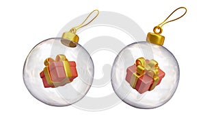 Transparent Christmas tree ball with red gift box inside. New Year surprise