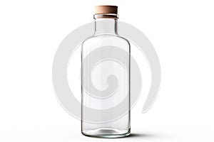 Transparent clean empty Glass bottle with wooden cork isolated on white background. Mockup, template for design. Copy