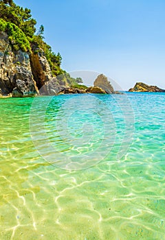 Transparent clear waters of Platis Gialos Beach Kefalonia island Greece