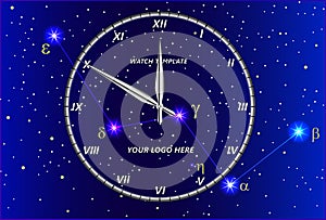 Transparent clock template against the background of the constellation of Cassiopeia.