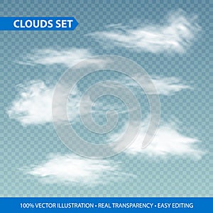 Transparent clouds realistic set on transparence background. Vector illustration