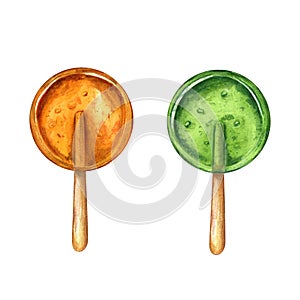 Transparent colorful circle caramels. Green, yellow candies, bonbons, lollipop, sugar caramels on stick. Watercolor illustration