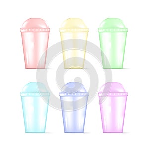 Transparent colorful plastic empty disposable cup for soda or cocktail. Party disposable tableware set. Vector illustration