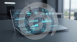 Transparent computer screen displaying digital analytics and data visualizations,