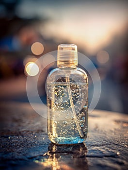 Hand sanitizer in a clear bottle with bubbles and a blurred sunset background