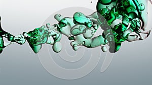 Transparent cosmetic green blue oil bubbles and shapes on white background