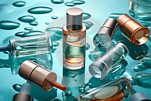 Transparent cosmetic perfume bottles in blue water background. Geneartive AI