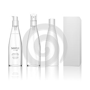 Transparent cosmetic plastic bottle with spray, dispenser pump. Liquid container for gel, lotion, shampoo, bath foam, skincare