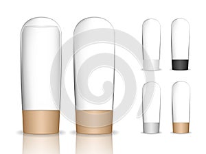 Transparent cosmetic plastic tube isolated on white background. Skin care bottles for gel, liquid, lotion, cream.
