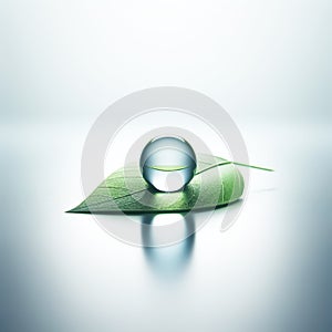 Transparent crystal ball, glass sphere or water drop, placed on a green leaf. Isolated in background. AI generated