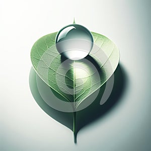 Transparent crystal ball, glass sphere or water drop, placed on a green leaf. Isolated in background. AI generated