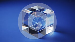 Crystal cube with digital network icons glass data