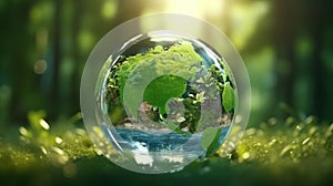 Transparent crystal sphere with continents outlines in a green forest. Grass, trees and water are reflected in the glass