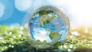 Transparent crystal sphere filled with sunlight on green grass with blurred background. Glass globe with continents