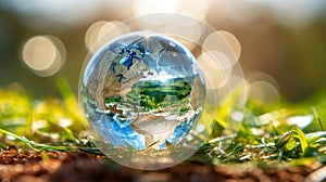 Transparent crystal sphere filled with sunlight on green grass with blurred background. Glass globe with continents