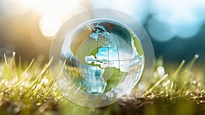 Transparent crystal sphere filled with sunlight on green grass. Glass globe with outlines of continents, symbolizing