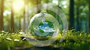 Transparent crystal sphere in a green forest filled with sunlight. Earth continents, water and sky reflected in glass