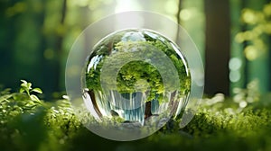 Transparent crystal sphere in a green forest filled with sunlight. Grass, trees and water are reflected in the glass