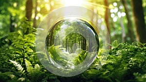 Transparent crystal sphere in a green forest filled with sunlight. Grass, trees and water are reflected in the glass