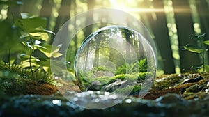 Transparent crystal sphere in a green forest filled with sunlight. Grass, trees and water are reflected in the glass