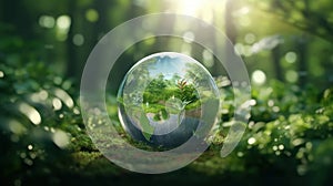 Transparent crystal sphere in a green forest filled with sunlight. Grass, trees and water are reflected in the glass