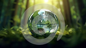 Transparent crystal sphere in a green forest filled with sunlight. Grass, trees and water are reflected in the glass