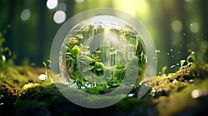 Transparent crystal sphere in a green forest filled with sunlight. Grass, trees and waterfall are reflected in the glass