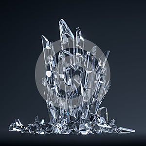 Transparent Crystals On Dark Background, Showcase in Shape Of Throne, 3D Rendering.