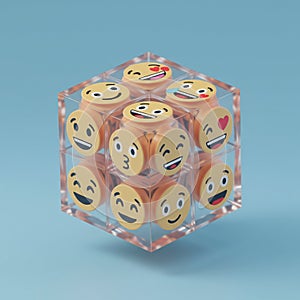 A transparent cube contains nine circular discs, each displaying a different emoji face photo
