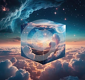 A transparent cube flies in the clouds it contains a night city, sky and stars