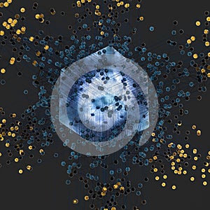 Transparent cube and technical connection, 3d rendering