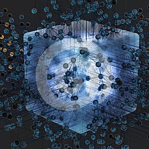 Transparent cube and technical connection, 3d rendering