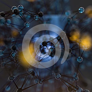 Transparent cube and technical connection, 3d rendering