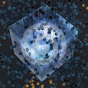 Transparent cube and technical connection, 3d rendering