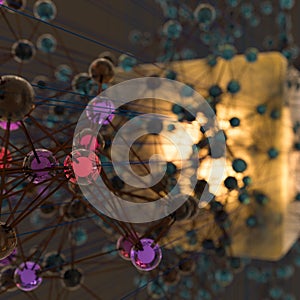 Transparent cube and technical connection, 3d rendering