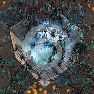 Transparent cube and technical connection, 3d rendering