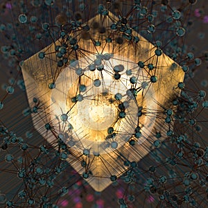 Transparent cube and technical connection, 3d rendering