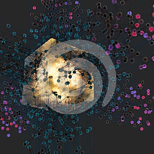 Transparent cube and technical connection, 3d rendering