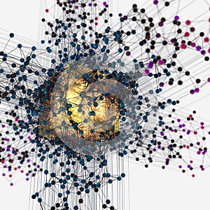 Transparent cube and technical connection, 3d rendering
